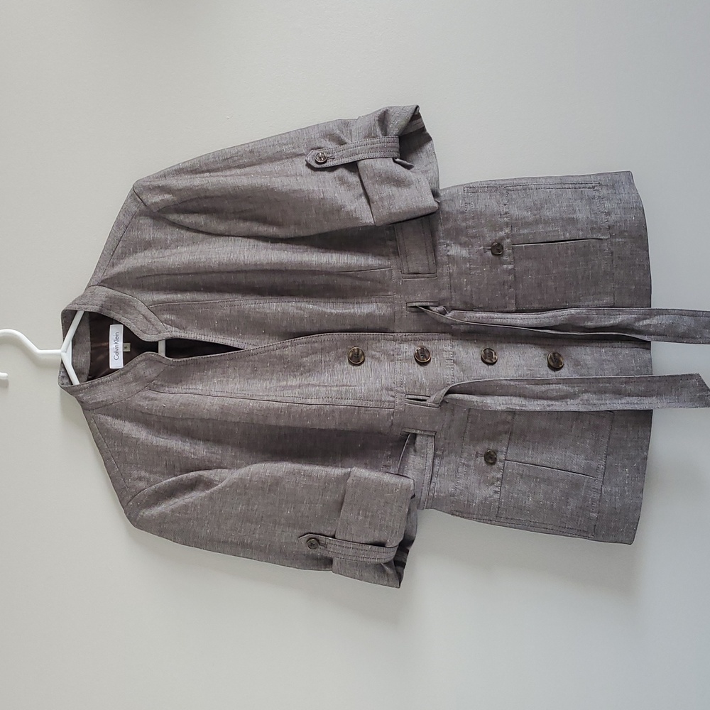 Calvin Klein Women's Taupe Jacket Blazer Safari Button Front Tie Roll Sleeve 6